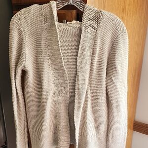 Eileen Fisher Open-Front Beige Knit Hooded Cardigan Small